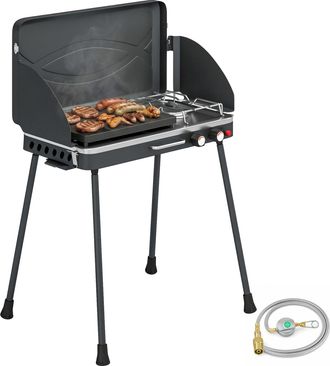 OUTSUNNY Barbacoa De Gas Port&aacute;til 2 En 1, Barbacoa De Gas Propano 7 Kw De Mesa O De Pie Con Patas Desmontables, Protectores De Viento, Negro
