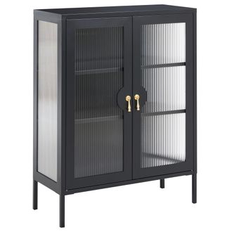 Beliani Mueble De Oficina De Metal Con Puertas De Vidrio Acanalado Y Estantes Estilo Industrial Negro Gleora