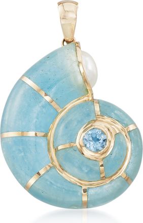 Ross-Simons Milky Aquamarine and. Blue Topaz Snail Shell Pendant With Cultured Pearl in 14kt Yellow Gold