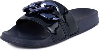 Jones New York Womens Open Toe Flat Slide Sandals - Stylish Slip-On Slippers with Chain Detail, Casual Comfort, Navy, 3 UK