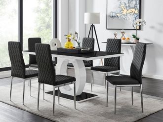 Furniturebox Giovani Rectangular 6 Seat White High Gloss Unique Halo Dining Table Black Glass Top 6 Faux Leather Silver Leg Milan Chairs