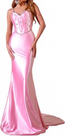Jovani Sweetheart Satin Gown With Crystal Embellishments In Pink