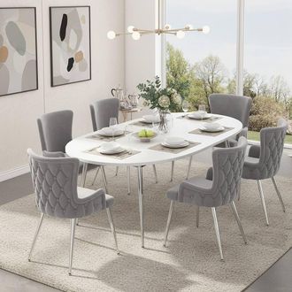 Merax Set of 6 Upholstered Wingback Dining Chair with Metal Legs in Grey