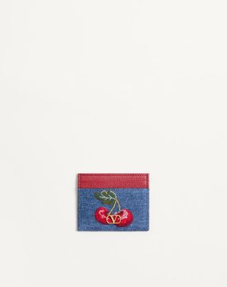 Valentino Garavani Portacarte VLogo Signature In Denim Con Ricamo Cherryfic Donna DENIM/MULTICOLOR UNI