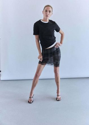 Mango Gonna misto lino quadri nero - Donna - 38 - MANGO