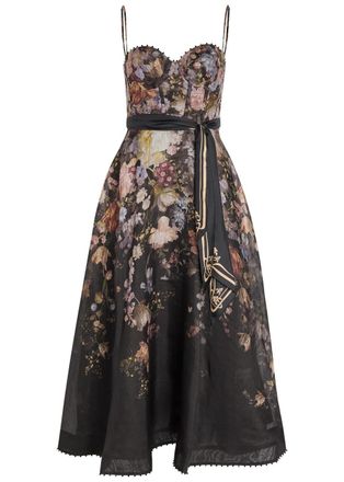 Zimmermann Luna Floral-print Linen and Silk-blend Midi Dress - Black - 3 (UK 14 / L)