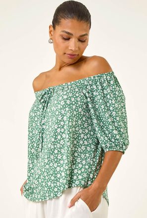 Roman Floral Puff Print Bardot Top