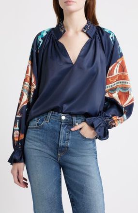 Ciebon Helen Satin Top in Navy Multi at Nordstrom, Size X-Small