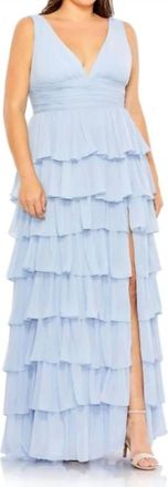 Mac Duggal Ruffle Skirt Ruched Waist Sleeveless Dress In Blue