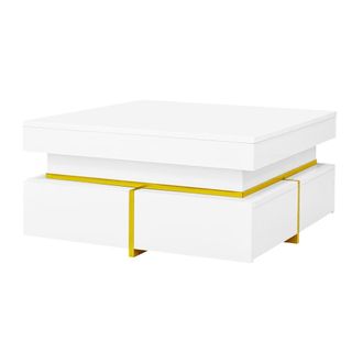 Urban Meuble Mesa de centro blanco brillante con cajones detalles dorados 70x70 cm