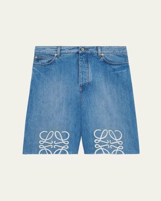 Loewe Mens Maxi-Anagram Washed Denim Shorts