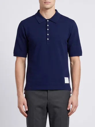Thom Browne Polo in cotone con paramontura a cinque bottoni e logo a contrasto