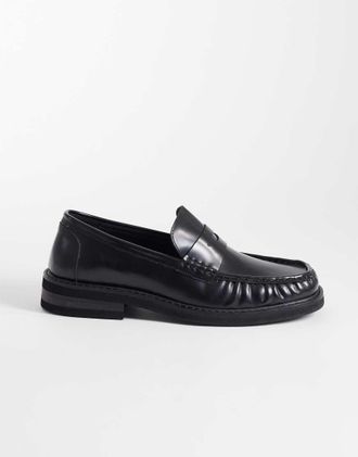 Asos Mocassini college neri in pelle con arricciature-Nero