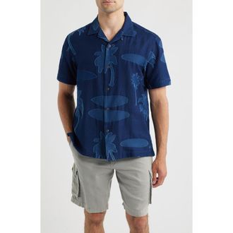 Tommy Bahama Destination Indigo Palm Tree Print Cotton Jacquard Camp Shirt in Dark Indigo at Nordstrom, Size Xx-Large