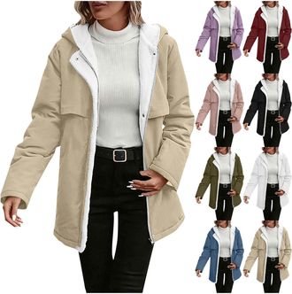 Generic Parka Coats for Women UK Warm Thick Mid-Length Sherpa Lined Hooded Coat Elegant Ladies Thermal Solid Color Long Sleeve Jackets with Hood Womens Fashio