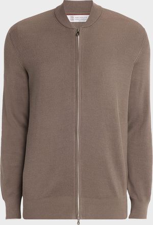 Brunello Cucinelli Mens Cotton Rib Baseball Collar Zip Cardigan