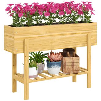 OUTSUNNY Wooden Raised Bed w/ Bed Liner - Storage Shelf - Natural wood finish | TJ Hughes
