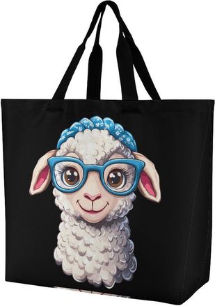 Generic Cute Sheep With Glasses Large Reusable Shopping Bag Lightweight Foldable Tote Bags Washable Shoulder Handbag