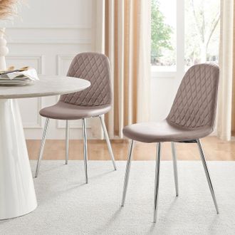 Furniturebox 2x Corona Silver Leg Faux Leather Dining Chair in Beige