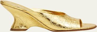 Dries Van Noten 75mm Croc-Embossed Metallic Leather Wedge Mules