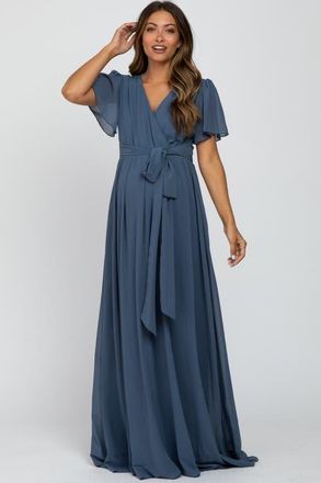 Pinkblush Chiffon Short Sleeve Maxi Dress in Blue at Nordstrom, Size Small