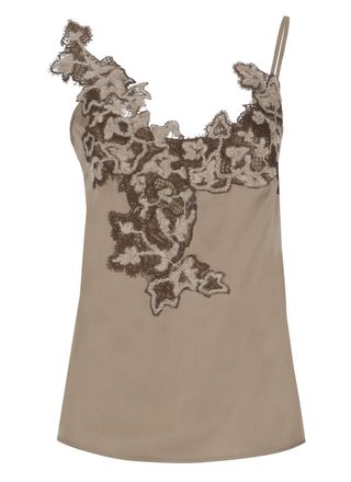 D.exterior Brown Asymmetrical Lace Tank Top