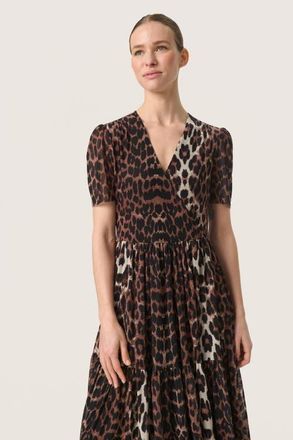 Soaked In Luxury SLAldora Short Sleeve V-neck Wrap Dress in Leopard Pattern at Nordstrom, Size Medium