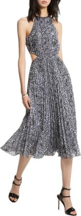 Michael Kors Zebra Print Geplooide Georgette Cutout Jurk - Dames - Casual kleedjes - Zwart - L - Polyester - Kleedjes