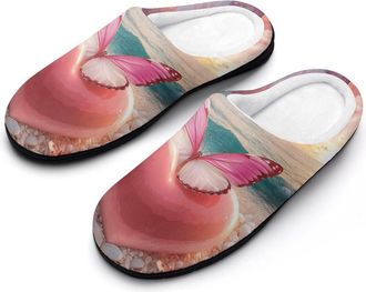 Generic Sunset Beach Heart Rose Butterflies Mens Slippers Slip On Comfortable Fleece Cotton House Shoes Winter