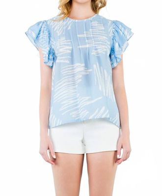THML Clothing Flutter Sleeve Print Top In Blue