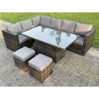 Fimous 8 Seat Dark Mixed Grey Rattan Garden Furniture Corner Sofa Set Adjustable Dining Or Coffee Table Left Side - Fimous