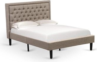 East West Furniture KDF-16-F Platform Full Size Bed - Dark Khaki Linen Fabric Upholestered Bed Headboard with Button Tufted Trim Design - Black Legs