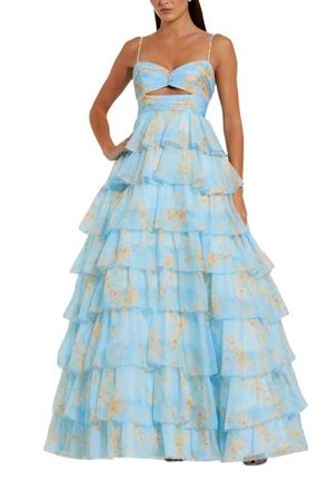 Mac Duggal Floral Cut Out Ruffle Tiered Ballgown in Blue Multi at Nordstrom, Size 14