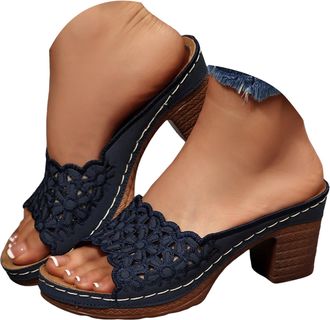 Generic Womens Orthopedic Wedge Sandals 2026,Arch Support Chunky Heel Flip Flops,Dressy Slip-On Open Toe Sandals for Wedding,Party,Casual,Beach Blue