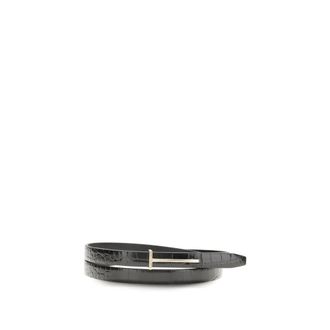 Tom Ford Belts, female, Black, Size: ONE SIZE Shiny Stamped Crocodile Leather Slim T Belt