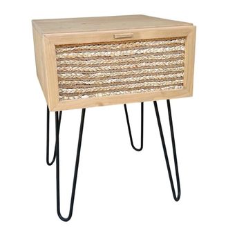 NATYAL Mesita de noche de madera tonos claros con cajón de yute y patas metal