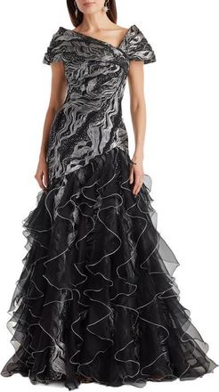 Tadashi Shoji Jacquard Lace & Ruffle Gown in Silver/black at Nordstrom, Size 14