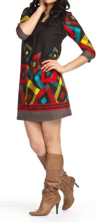 Papillon 3/4 Sleeve Geometric Ric Rac Print Dress In Black / Multi