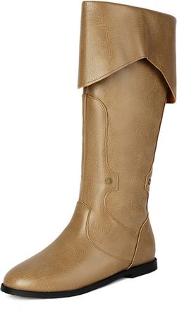 Generic Womens Vintage Round Toe Faux Leather Knee High Boots Fold-Over Cuff Metal Studs Flat Boots Stylish Comfortable For Cosplay Fashion Daily,Khaki,8.5 UK