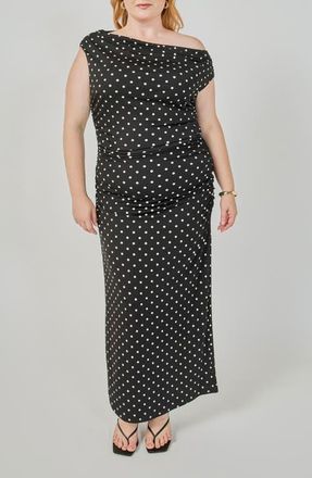 endless rose Asymmetrical Polka Dot Midi Dress in Black/white Dot at Nordstrom, Size 3X