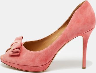 Ferragamo Pink Suede Bow Peep Toe Pumps