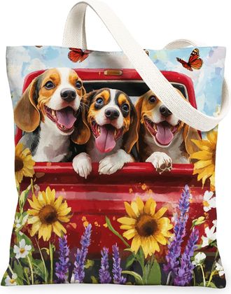 Generic Spring Border Collie Dog Canvas Tote Bag for Shopping 13x15, Truck Garden Daisy Scenic Puppy Reusable Grocery Print Bag for Women, Pet Beach Aesthetic