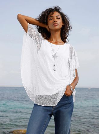 Heine Kurzarmshirt HEINE Shirt, Damen, Gr. 34, ecru, 100% Polyester, Top:5% Elasthan, 95% Viskose, unifarben, Rundhals, Shirts Kurzarmshirt