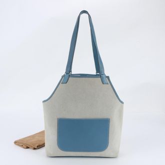 Herm&egrave;s Blue Jean Leather Canvas Shoulder Bag Tote Bag (Pre-Owned)