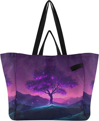 Generic Tree Purple print Reusable Canvas Tote Bag, Heavy Duty Grocery Shopping Bag with Double Handles Hard Bottom Large Capacity Work Groceries Travel