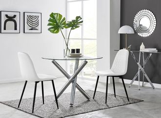 Furniturebox Selina Round Glass Chrome Leg Dining Table & 2 Corona Black Leg Chairs in Off-White | Size: 2 Person