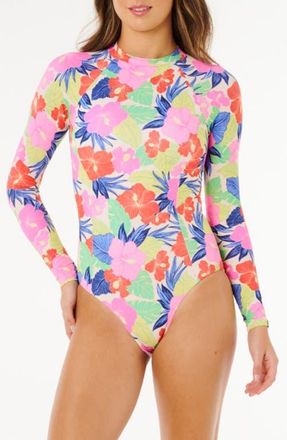 Rip Curl Party Wave UPF 50+ One-Piece Rashguard Swimsuit in Pink Multi at Nordstrom, Size X-Large