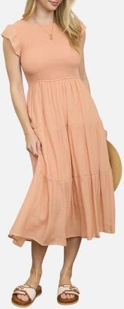 Blu Pepper Smocked Cap Sleeve Tiered Midi Dress in Light Apricot at Nordstrom Rack, Size Medium