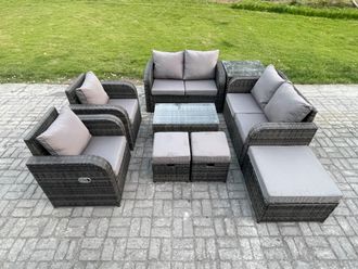 Fimous 9 Seater Rattan Garden Furniture Set Patio Outdoor Lounge Sofa Set with Rectangular Coffee Table 3 Footstools Love Sofa Side Table in Dark Grey