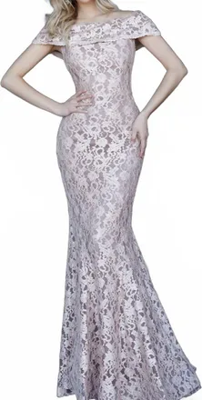 Jovani Off The Shoulder Lace Evening Dress In Taupe